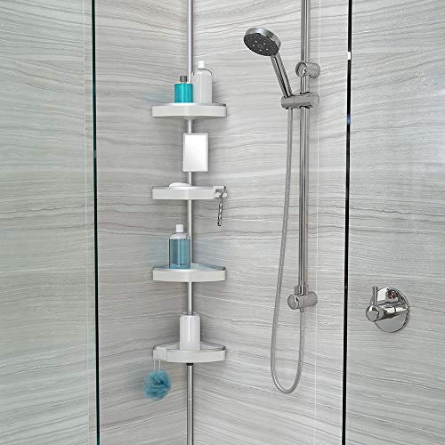 HiRISE 4 70034 Tension 9 Foot Aluminum Bathroom Shower Caddy with Adjustable Mirror and Razor Hooks for Storing Your Washroom Accessories, Mist Grey