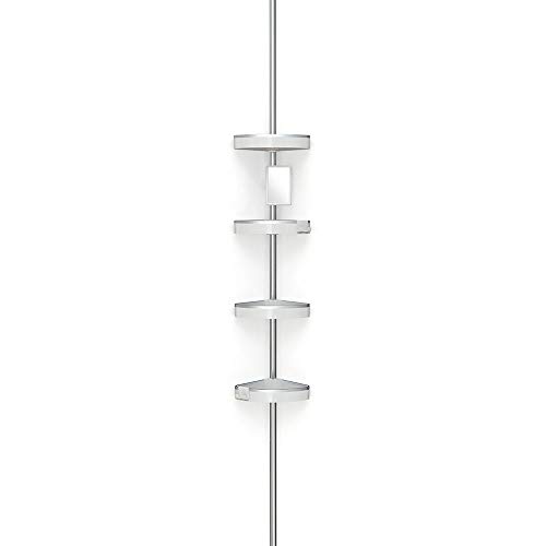HiRISE 4 70034 Tension 9 Foot Aluminum Bathroom Shower Caddy with Adjustable Mirror and Razor Hooks for Storing Your Washroom Accessories, Mist Grey