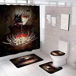 4 piece anime shower curtain set with non-slip rug, toilet lid cover, bath mat and 12 hooks, waterproof shower curtain set for bathroom