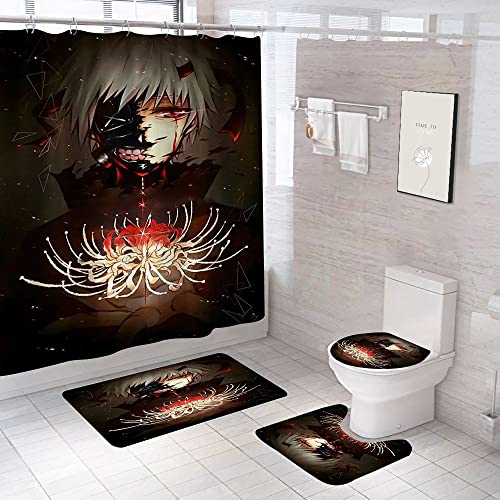 4 Piece Anime Shower Curtain Set with Non-Slip Rug, Toilet Lid Cover, Bath Mat and 12 Hooks, Waterproof Shower Curtain Set for Bathroom