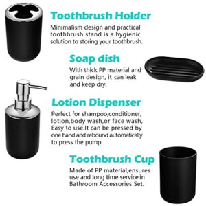 Papillon Bathroom Accessories Set-6 Piece Plastic Gift Set Toothbrush Holder,Toothbrush Cup,Soap Dispenser,Soap Dish,Toilet Brush Holder,Trash Can,Tumbler Straw Set Bathroom (Black)