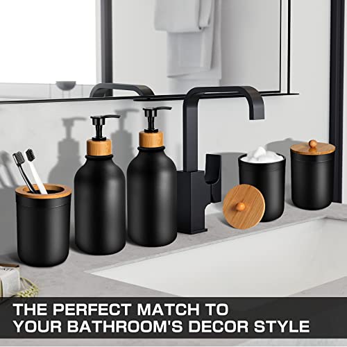 MIERTING Black Bathroom Accessories Set 5 Pcs, Matte Black Bathroom Accessory Sets, Soap Dispenser and Toothbrush Holder Set, Qtip & Cotton Ball Holder with Bamboo Lids, Boho, Modern Bathroom Decor