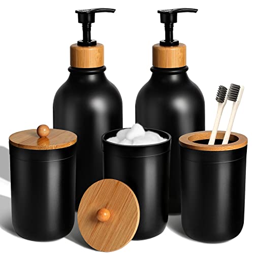 MIERTING Black Bathroom Accessories Set 5 Pcs, Matte Black Bathroom Accessory Sets, Soap Dispenser and Toothbrush Holder Set, Qtip & Cotton Ball Holder with Bamboo Lids, Boho, Modern Bathroom Decor