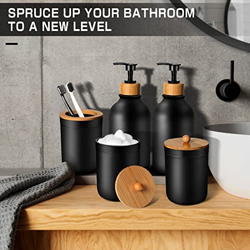 MIERTING Black Bathroom Accessories Set 5 Pcs, Matte Black Bathroom Accessory Sets, Soap Dispenser and Toothbrush Holder Set, Qtip & Cotton Ball Holder with Bamboo Lids, Boho, Modern Bathroom Decor