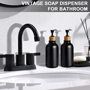 MIERTING Black Bathroom Accessories Set 5 Pcs, Matte Black Bathroom Accessory Sets, Soap Dispenser and Toothbrush Holder Set, Qtip & Cotton Ball Holder with Bamboo Lids, Boho, Modern Bathroom Decor