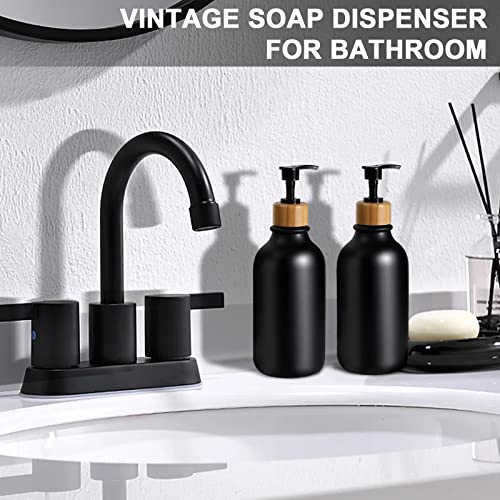 MIERTING Black Bathroom Accessories Set 5 Pcs, Matte Black Bathroom Accessory Sets, Soap Dispenser and Toothbrush Holder Set, Qtip & Cotton Ball Holder with Bamboo Lids, Boho, Modern Bathroom Decor