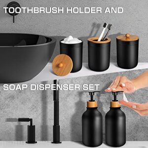 MIERTING Black Bathroom Accessories Set 5 Pcs, Matte Black Bathroom Accessory Sets, Soap Dispenser and Toothbrush Holder Set, Qtip & Cotton Ball Holder with Bamboo Lids, Boho, Modern Bathroom Decor