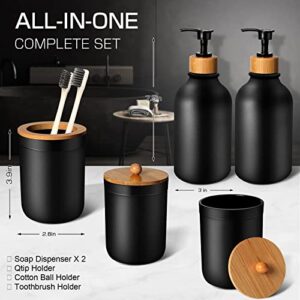 MIERTING Black Bathroom Accessories Set 5 Pcs, Matte Black Bathroom Accessory Sets, Soap Dispenser and Toothbrush Holder Set, Qtip & Cotton Ball Holder with Bamboo Lids, Boho, Modern Bathroom Decor