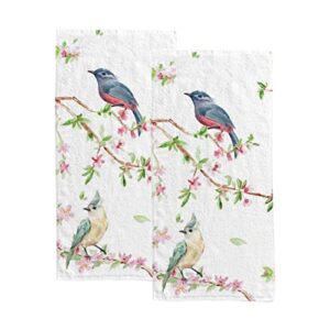 spring birds on flowering branch fingertip face bath towels, soft absorbent thin guest hand towels, 2 pack spring flowers decorative dish towels for kitchen bathroom hotel gym, 30x15 inch