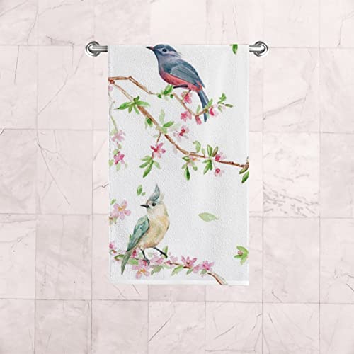 Spring Birds on Flowering Branch Fingertip Face Bath Towels, Soft Absorbent Thin Guest Hand Towels, 2 Pack Spring Flowers Decorative Dish Towels for Kitchen Bathroom Hotel Gym, 30x15 Inch