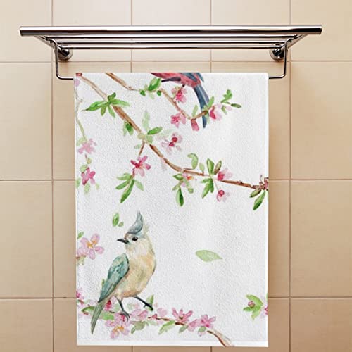 Spring Birds on Flowering Branch Fingertip Face Bath Towels, Soft Absorbent Thin Guest Hand Towels, 2 Pack Spring Flowers Decorative Dish Towels for Kitchen Bathroom Hotel Gym, 30x15 Inch