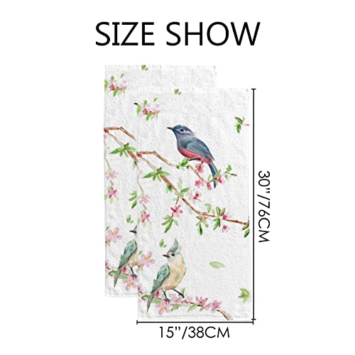 Spring Birds on Flowering Branch Fingertip Face Bath Towels, Soft Absorbent Thin Guest Hand Towels, 2 Pack Spring Flowers Decorative Dish Towels for Kitchen Bathroom Hotel Gym, 30x15 Inch