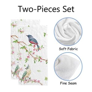 Spring Birds on Flowering Branch Fingertip Face Bath Towels, Soft Absorbent Thin Guest Hand Towels, 2 Pack Spring Flowers Decorative Dish Towels for Kitchen Bathroom Hotel Gym, 30x15 Inch