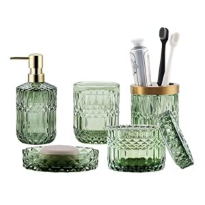 lamarriti 5pcs green glass bathroom accessories complete set, lotion dispenser, soap dish, toothbrush holder, tumbler, cotton swab jars, modern bathroom decor and housewarming, set, green