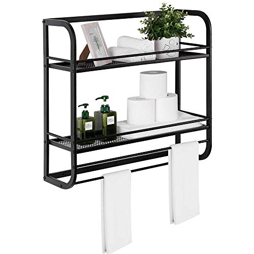 2 Tier Industrial Bathroom Shelves Wall Mounted, Large Towel Racks Storage Shelf, 24 " Metal Rustic Wall Shelves Over Toilet with Towel Bar and 10 Hooks Rack, Utility Storage Shelf Rack,Retro Black