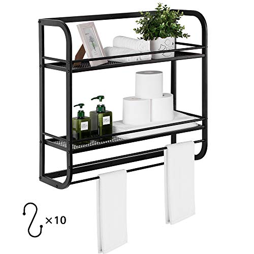 2 Tier Industrial Bathroom Shelves Wall Mounted, Large Towel Racks Storage Shelf, 24 " Metal Rustic Wall Shelves Over Toilet with Towel Bar and 10 Hooks Rack, Utility Storage Shelf Rack,Retro Black