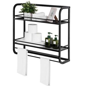 2 Tier Industrial Bathroom Shelves Wall Mounted, Large Towel Racks Storage Shelf, 24 " Metal Rustic Wall Shelves Over Toilet with Towel Bar and 10 Hooks Rack, Utility Storage Shelf Rack,Retro Black