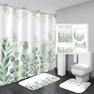 ddqq green leaves shower curtain sets with non-slip rug, toilet lid cover and bath mat, plant leaves shower curtain sets with 12 hooks, durable waterproof shower curtain for bathroom set decor