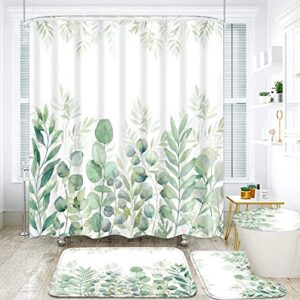 DDQQ Green Leaves Shower Curtain Sets with Non-Slip Rug, Toilet Lid Cover and Bath Mat, Plant Leaves Shower Curtain Sets with 12 Hooks, Durable Waterproof Shower Curtain for Bathroom Set Decor