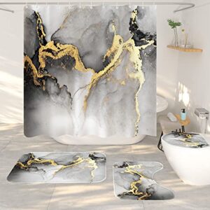 elepdfcd shower curtain set, marble bathroom sets, 4 piece glod bathroom sets with rugs and accessories waterproof shower curtains, 12 hooks, abstract black white