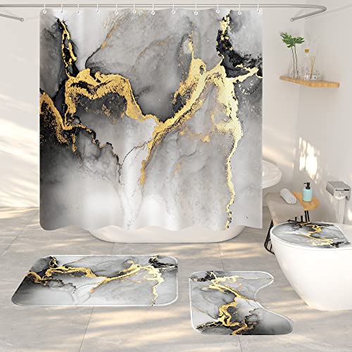 elepdfcd Shower Curtain Set, Marble Bathroom Sets, 4 Piece Glod Bathroom Sets with Rugs and Accessories Waterproof Shower Curtains, 12 Hooks, Abstract Black White