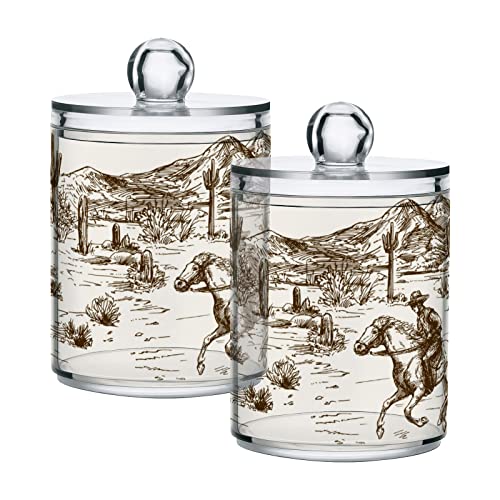 Blueangle 2 Pack Western Desert Cowboy Qtip Holder Dispenser for Cotton Ball, Cotton Swab - Plastic Apothecary Jar Set for Bathroom Canister Storage Organization（659）