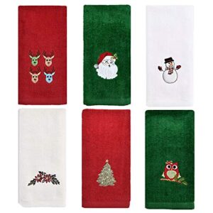 zieglad christmas hand towel for bathroom kitchen, 100% cotton, set of 6, 12x18 inches, decorative dish towels set, embroidered holiday design christmas towels gift set, 3 color (red, green, white)