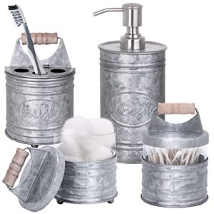 autumn alley rustic bathroom accessories set 4 - galvanized farmhouse soap dispenser, rustic toothbrush holder, 2 apothecary jars qtip holder - rustic bathroom decor – farmhouse bathroom accessories