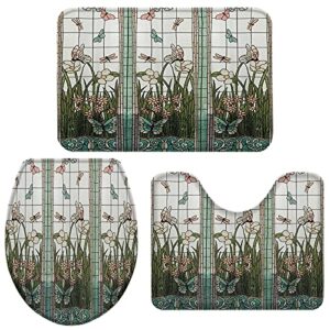 3 piece bath rugs sets, large flower butterfly dragonfly grass spring non slip bathroom carpet, water absorbent u-shaped toilet mat, toilet lid cover