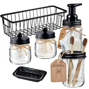 mason jar bathroom accessories set(6pcs) - foaming soap dispenser,toothbrush holder,qtip holder,apothecary jars, soap dish,metal wire storage organizer - rustic farmhouse decor (black)