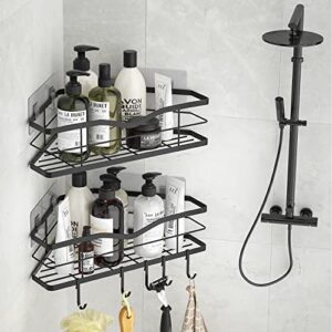 Corner Shower Caddy, MFTEK 2 Pack Shower Shelves Bathroom Shower Organizers Rack with Hooks, No Drilling Rustproof Adhesive Shower Shelf for Bathroom Storage, Black