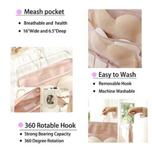 Hanging Closet Shelves Organizer and Storage for Wall with Mesh Pockets & Rotating Metal Hange, Space Saving Dual-Sided for Underwear Panties Bra Socks (Pink, Expand 26 Pocket,1Pc)