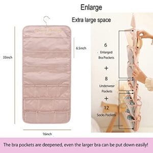 Hanging Closet Shelves Organizer and Storage for Wall with Mesh Pockets & Rotating Metal Hange, Space Saving Dual-Sided for Underwear Panties Bra Socks (Pink, Expand 26 Pocket,1Pc)