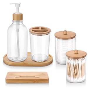 Fixwal Bamboo Bathroom Accessories Set of 6 - Toothbrush Holder, Soap Dispenser, Soap Dish, Tray and Two Plastic Qtip Medicine Jars with Bamboo Lid for Boho Counter Toilet Bathroom Decor