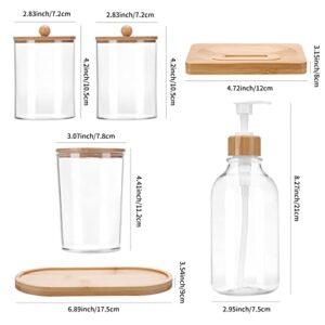 Fixwal Bamboo Bathroom Accessories Set of 6 - Toothbrush Holder, Soap Dispenser, Soap Dish, Tray and Two Plastic Qtip Medicine Jars with Bamboo Lid for Boho Counter Toilet Bathroom Decor