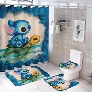 fmsnupz Cartoon Shower Curtain 4PCS Set, Cute Bathroom Decor with Non-Slip Rugs, Toilet Lid Cover and Bath Mat, Waterproof Fabric Shower Curtains with 12 Hooks, 70.8"x70.8"