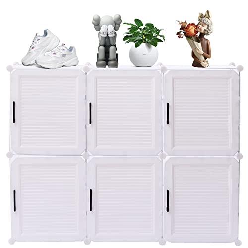 DYRABREST 6 Tier Portable Shoe Rack Organizer,24/36 Pairs Entryway Shoe Organizer Storage Cabinet with Shuttered Door, Plastic Stackable Space Saving Free Standing Shelf for Entryway (White, 6 Doors)