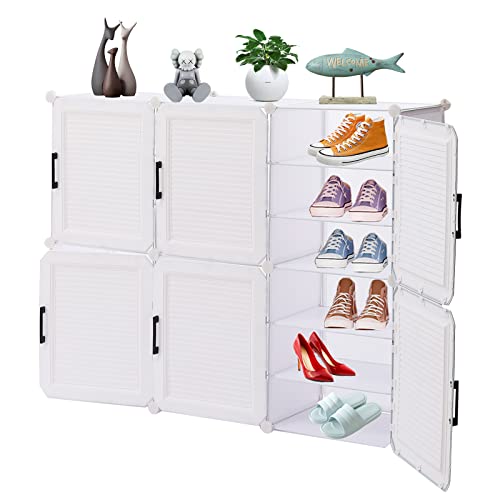 DYRABREST 6 Tier Portable Shoe Rack Organizer,24/36 Pairs Entryway Shoe Organizer Storage Cabinet with Shuttered Door, Plastic Stackable Space Saving Free Standing Shelf for Entryway (White, 6 Doors)