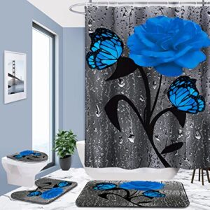 poedist 4 pcs bathroom shower curtain set,blue rose shower curtain valentine's day shower curtain sets with rugs(bath mat,u shape and toilet lid cover mat) and 12 hooks