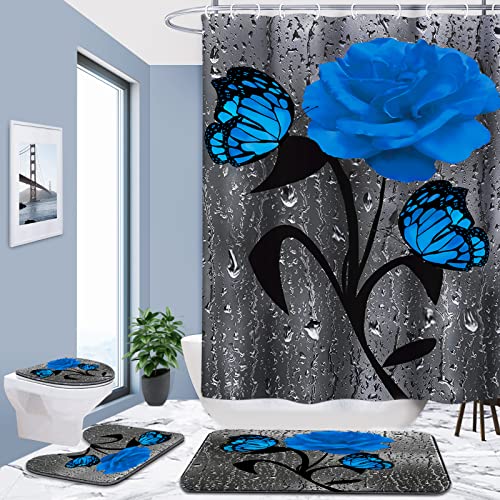 Poedist 4 Pcs Bathroom Shower Curtain Set,Blue Rose Shower Curtain Valentine's Day Shower Curtain Sets with Rugs(Bath Mat,U Shape and Toilet Lid Cover Mat) and 12 Hooks