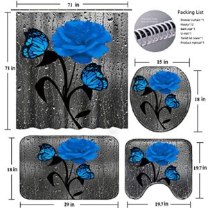 Poedist 4 Pcs Bathroom Shower Curtain Set,Blue Rose Shower Curtain Valentine's Day Shower Curtain Sets with Rugs(Bath Mat,U Shape and Toilet Lid Cover Mat) and 12 Hooks