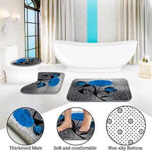 Poedist 4 Pcs Bathroom Shower Curtain Set,Blue Rose Shower Curtain Valentine's Day Shower Curtain Sets with Rugs(Bath Mat,U Shape and Toilet Lid Cover Mat) and 12 Hooks