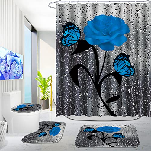 Poedist 4 Pcs Bathroom Shower Curtain Set,Blue Rose Shower Curtain Valentine's Day Shower Curtain Sets with Rugs(Bath Mat,U Shape and Toilet Lid Cover Mat) and 12 Hooks