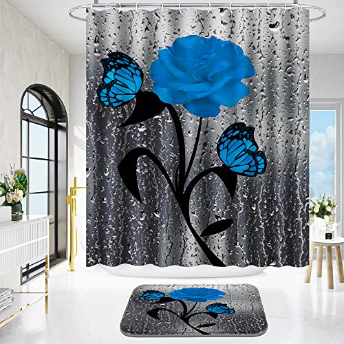 Poedist 4 Pcs Bathroom Shower Curtain Set,Blue Rose Shower Curtain Valentine's Day Shower Curtain Sets with Rugs(Bath Mat,U Shape and Toilet Lid Cover Mat) and 12 Hooks