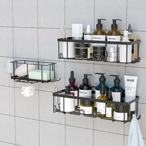 imooxy shower caddy, 3 pack self adhesive black bathroom shelves with hooks & cup holder for bathroom kitchen, wall mounted rustproof shower storage organizer