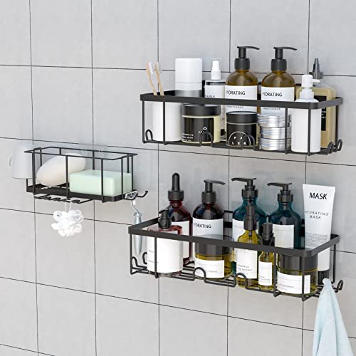 iMooxy Shower Caddy, 3 Pack Self Adhesive Black Bathroom Shelves with Hooks & Cup Holder for Bathroom Kitchen, Wall Mounted Rustproof Shower Storage Organizer