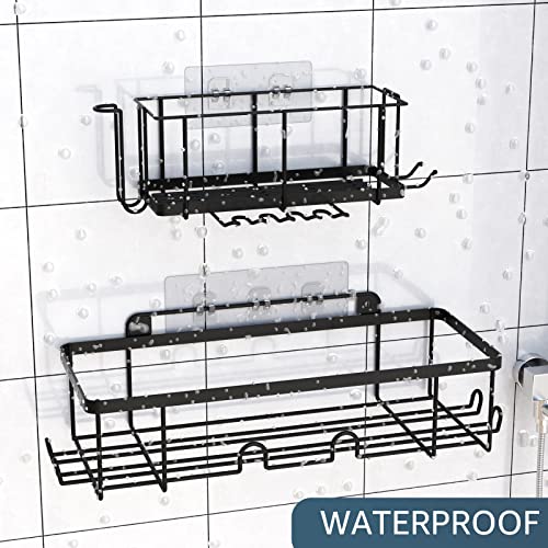 iMooxy Shower Caddy, 3 Pack Self Adhesive Black Bathroom Shelves with Hooks & Cup Holder for Bathroom Kitchen, Wall Mounted Rustproof Shower Storage Organizer