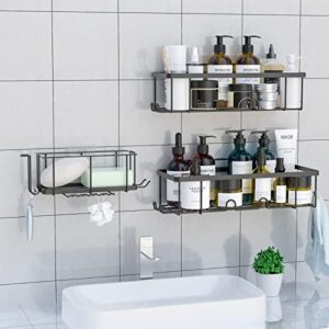 iMooxy Shower Caddy, 3 Pack Self Adhesive Black Bathroom Shelves with Hooks & Cup Holder for Bathroom Kitchen, Wall Mounted Rustproof Shower Storage Organizer