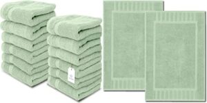 white classic luxury washcloths | 12 pack luxury bath mat | 2 pack bundle (green)