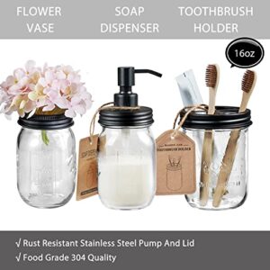 Mason Jar Bathroom Accessories Set 8 Pcs - Lotion Soap Dispenser,Toothbrush Holder,2 Apothecary Jars, Flower Vase,Soap Dish,Vanity Tray,Toilet Paper Holder Storage Bin,Vintage Farmhouse Decor (Black)